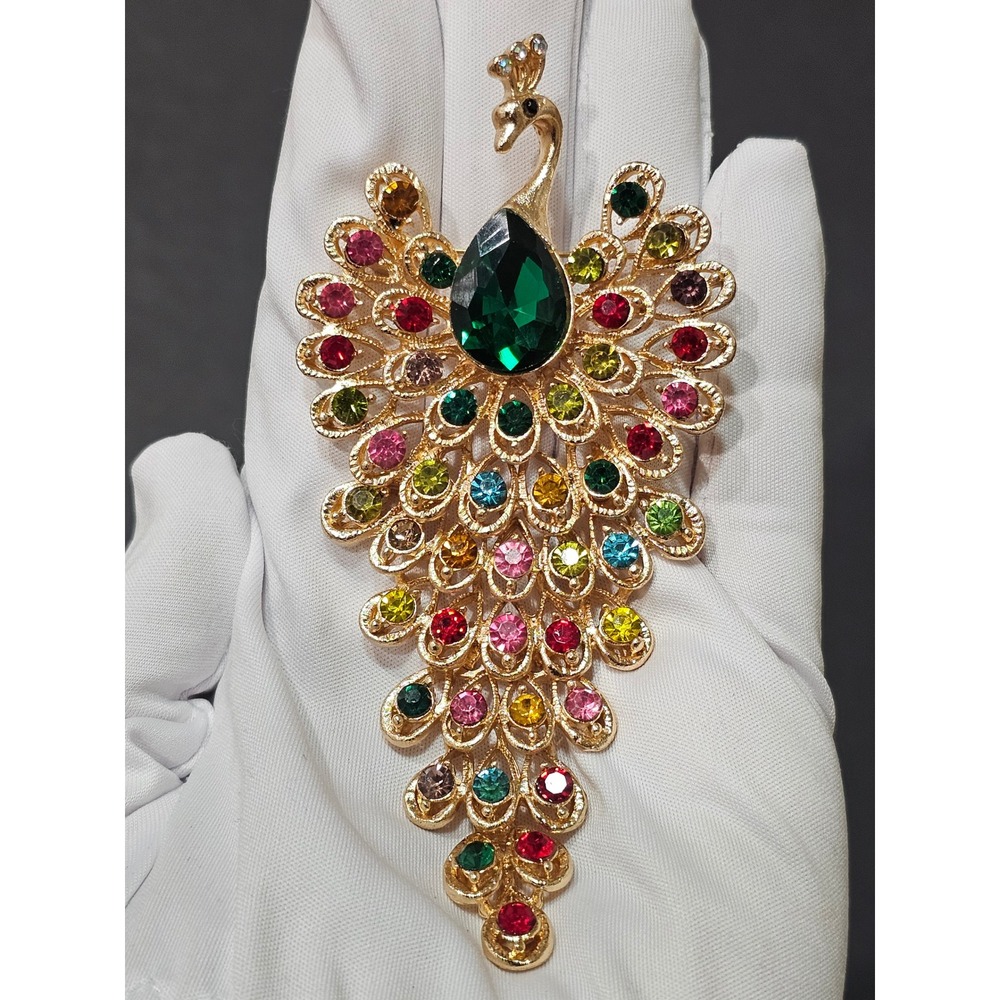 Peacock Brooch Womens OS Multicolor Rhinestone Gold Tone Whimsical